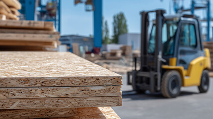 Sheets of oriented strand board (OSB) stacked outdoors, wood flakes and resin visible up close, forklift blurred in motion behind