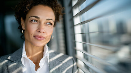 Fototapeta premium Professional woman in tailored grey business suit and crisp white shirt gazes pensively through half-open window blinds, soft daylight casting striped shadows on her composed face,