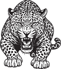 Black and White Illustration of an Angry Leopard Showing Teeth and Claws Ready to Pounce