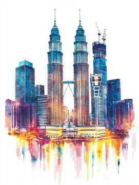 Kuala Lumpur Skyline Watercolor Painting - Vibrant watercolor