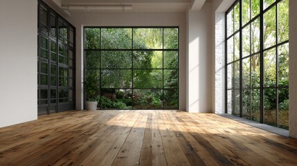 Obraz premium Spacious room with hardwood floors large windows showing lush greenery