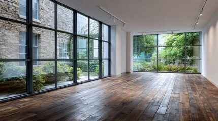 Fototapeta premium Empty room with large windows hardwood floor and view of a garden Interior