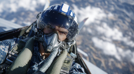 Obraz premium Cockpit close-up of fighter pilot wearing oxygen mask and helmet with HUD reflections, sunlit sky with scattered clouds stretching beyond jet nose, symbolizing high-speed military