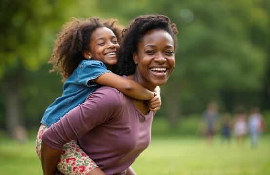 African American mother and young daughter hug, play and have fun together on a summer picnic in a public park. The happy family enjoys quality time outdoors, promoting wellbeing and happiness.