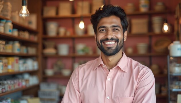 Indian man stands confidently in store with colorful items on shelves. Casual attire, pink shirt, black tie, warm smile. Gaze directed to right, observing customer new item. Soft light, shadows