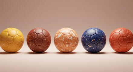 Five textured, colorful spheres in a row with unique speckled patterns and hexagonal designs