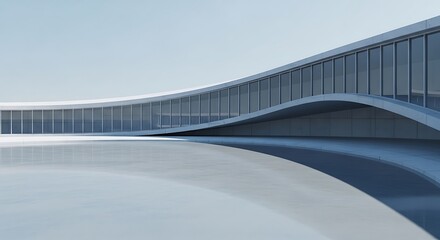 Fototapeta premium Modern curved building with large glass windows under clear sky