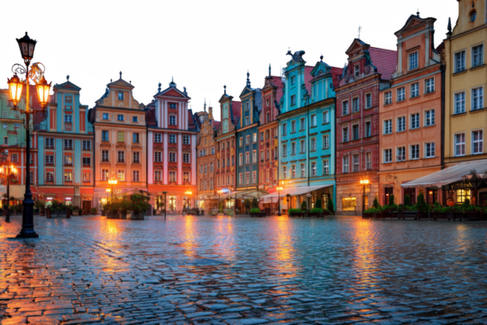 Old canal houses in Amsterdam and Gdansk reflecting in water under a clear sky