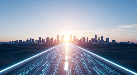 Modern city skyline with futuristic highway leading towards sunrise