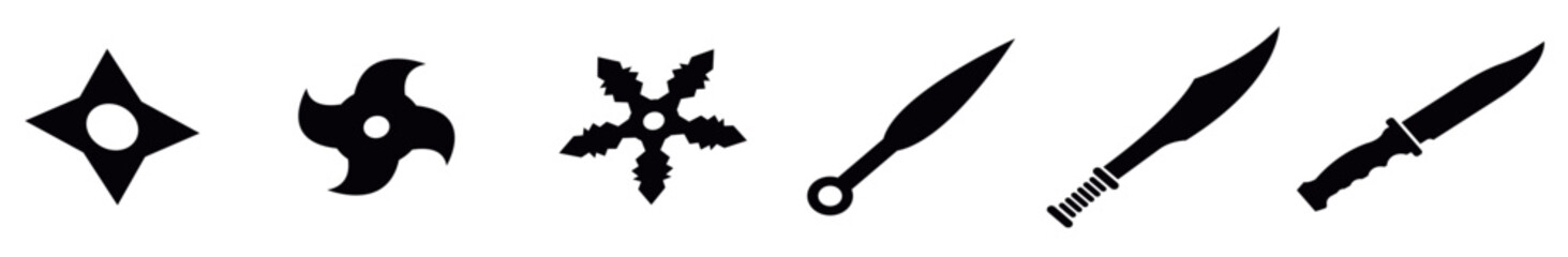 Set of Black Silhouette Ninja Weapons: Shuriken Throwing Stars and Kunai Knives Illustration on White Background۔ Vector illustration
