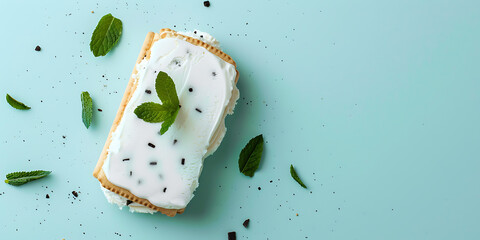 White Frosted Cake with Mint Leaves on Blue Background


