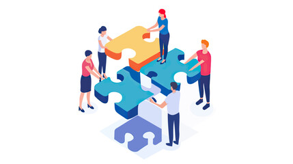 Isometric illustration of diverse people collaboratively assembling large colorful puzzle pieces symbolizing teamwork, cooperation, and problem solving in business environment