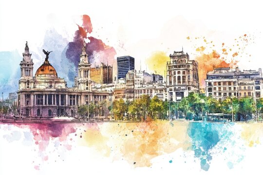 Watercolor Buenos Aires Cityscape - Vibrant watercolor painting of Buenos Aires, Argentina.  Evokes travel, architecture, city life, culture, and South America.