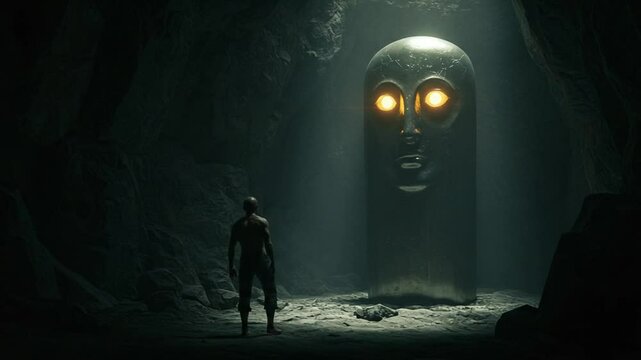 Encounter in the Cave: Man Faces Glowing Ancient Idol Mystery Unveiled.