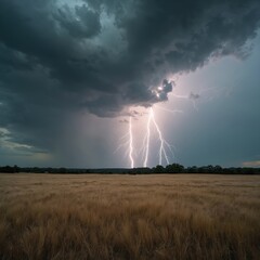 Vast open field with dry grass under expansive cloudy sky. Two thunderstorms with bright bolts of lightning. Central storm positions slightly left storm. Raw power and energy of nature.