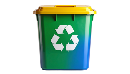 Colorful recycle bin with a white recycle symbol on the front, featuring a clean plastic texture and realistic shadows. Isolated on a transparent PNG background