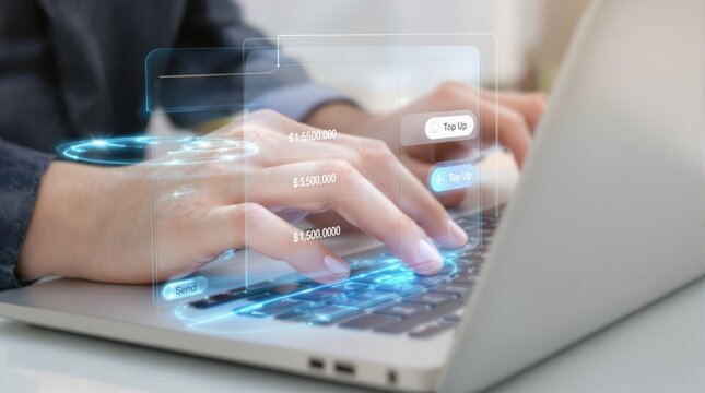 Hands Interacting with Futuristic Financial Interface on Laptop, Digital Banking Concept