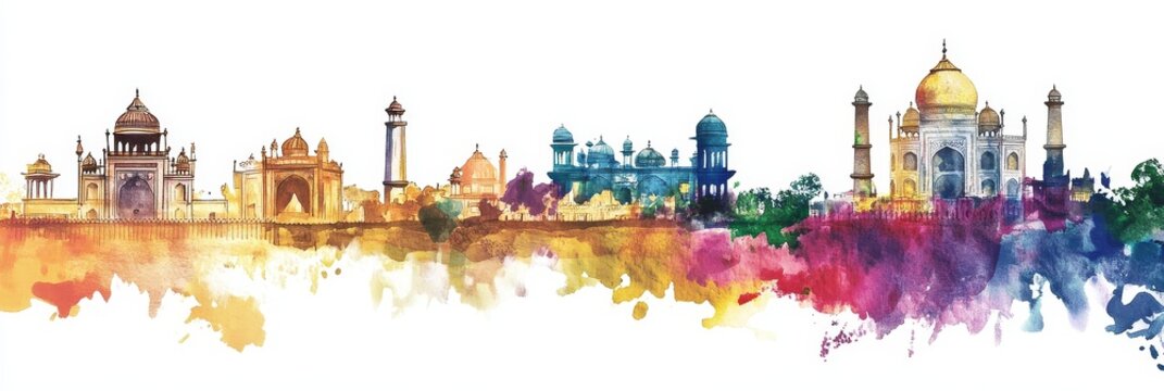 Watercolor Delhi Skyline - Vibrant watercolor painting of New Delhi's iconic landmarks, symbolizing culture, history, architecture, tourism, and India.