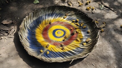 Circular Art Design on Natural Leaf Bowl with Colorful Patterns