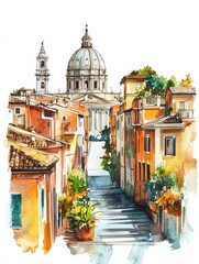 Watercolor Rome Street Scene - Charming watercolor painting of a Roman street, showcasing architecture, steps, and a distant dome.