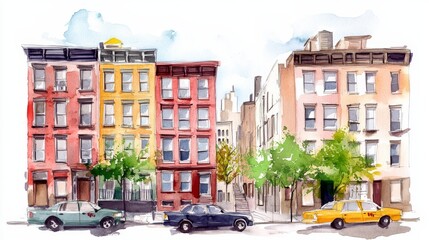 Watercolor Tiny New York City Street Scene - Charming watercolor painting of a classic New York City street, symbolizing urban life, architectural beauty, vibrant neighborhoods, transportation, and