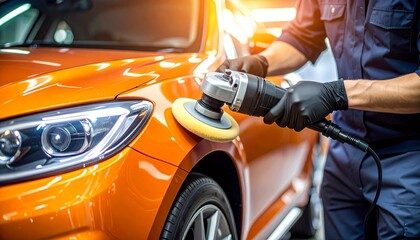 A skilled worker polishes an orange car using a power polishing machine, enhancing its glossy finish - capturing craftsmanship, automotive care, and the shine of professional detailing work