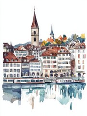 Zurich Waterfront Watercolor Charm - Charming watercolor painting of Zurich's cityscape, river, boats, and historic architecture. Evokes tranquility, beauty, travel, and Swiss heritage.