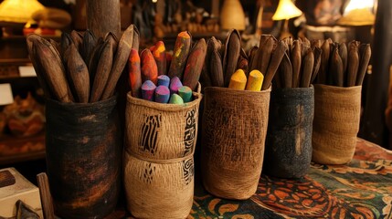 Colorful Art Supplies in Rustic Containers on a Vibrant Table