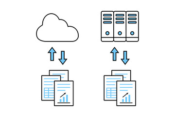 クラウドやサーバーに資料のデータを保存したり取り出したりするイラスト