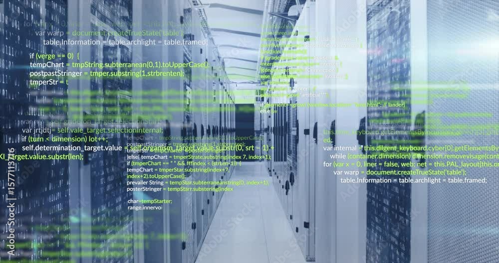 Poster green code lines drifting into server rack corridor, overlaying cabinets and visualizing data flow