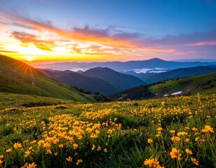 Fototapeta premium Spectacular Sunrise over a Mountain Meadow with Yellow Wildflowers