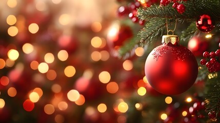 Vibrant holiday image of a red bauble hanging on a richly decorated Christmas tree, with warm glowing lights in the background