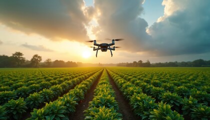 Aerial view of plantation with rows of green plants, drone flying above, orange and yellow sky. Sunny day, plantation field with tall green crops, drone in flight, landscape, rural scenery.