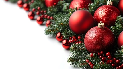 Bright red Christmas ornaments nestled on lush greenery, accented with berries, against a white background.