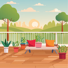 Fototapeta premium back garden patio area with wood decking and potted plants