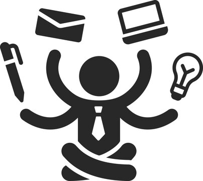 Businessman juggling pen, mail, laptop, and bulb solid icon used in multitasking, office work, job concepts.
