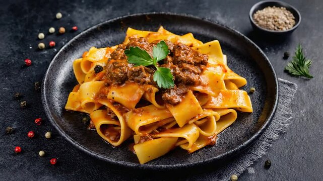 Rustic Italian dish, Pappardelle with ragu, Close-up of pappardelle with slow-cooked meat ragu, Rich brown and orange hues,  afternoon light
