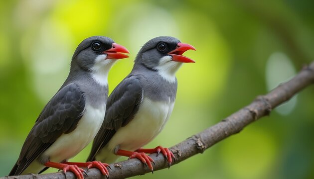 Two Java sparrows stand on a thin tree branch. Gray and white birds have red beaks and feet. Colorful birds in serene forest, natural habitat. Birds bodies, bright feathers, beaks, feet, main focus.