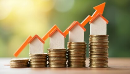 Gold coins stacked in triangular formation on gray table, with blurred garden backdrop. Orange arrow points upward, indicating growth, wealth, success. Concept of real estate, finance, investment.