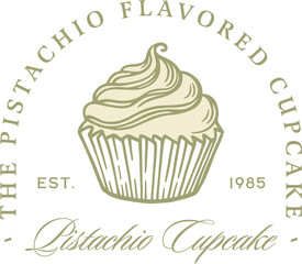 Pistachio cupcake flavor frosting cream flavored cake filling green illustration logo sticker label design. Fancy retro luxury aesthetic homemade baked treats drawing transparent background clipart.