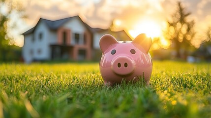 House model and piggy bank with growing value, investment and loan for new home purchase in park.