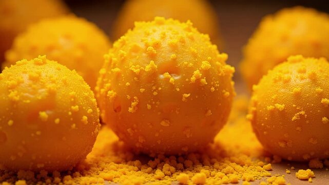 Experience the intricate details of sweet boondi ladoo with a delicate saffron tint in stunning close up footage capturing Indian confectionery.