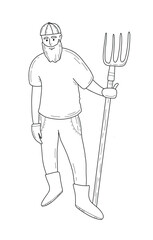 Line drawing of a farmer in a hat holding a pitchfork. Simple outline illustration, perfect for agricultural designs, rural themes, farm logos and educational materials.
