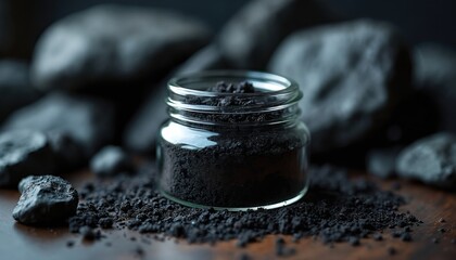 Jar filled with dark, rich shilajit surrounded by natural Himalayan rocks. Glass container and rugged stone textures create contrast, emphasizing natural beauty and health benefits of ayurvedic herb.