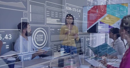 Business presenter introducing data report in office, spawning floating charts updating around team - Powered by Adobe