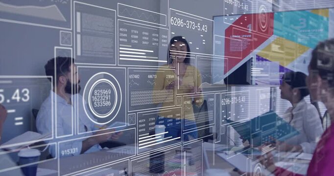 Business presenter introducing data report in office, spawning floating charts updating around team - Powered by Adobe