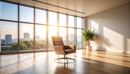 Modern office chair by a large window overlooking a city