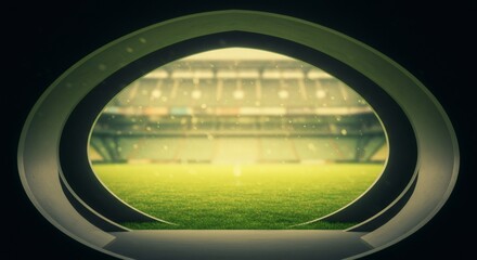 Dynamic View of a Lit Sports Stadium Through a Stylized Rugby Ball Frame