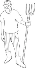 Line drawing of a farmer in a hat holding a pitchfork. Simple outline illustration, perfect for agricultural designs, rural themes, farm logos and educational materials.