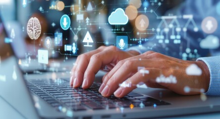 Hands Typing on Laptop with Futuristic Digital Overlay, AI Concept.